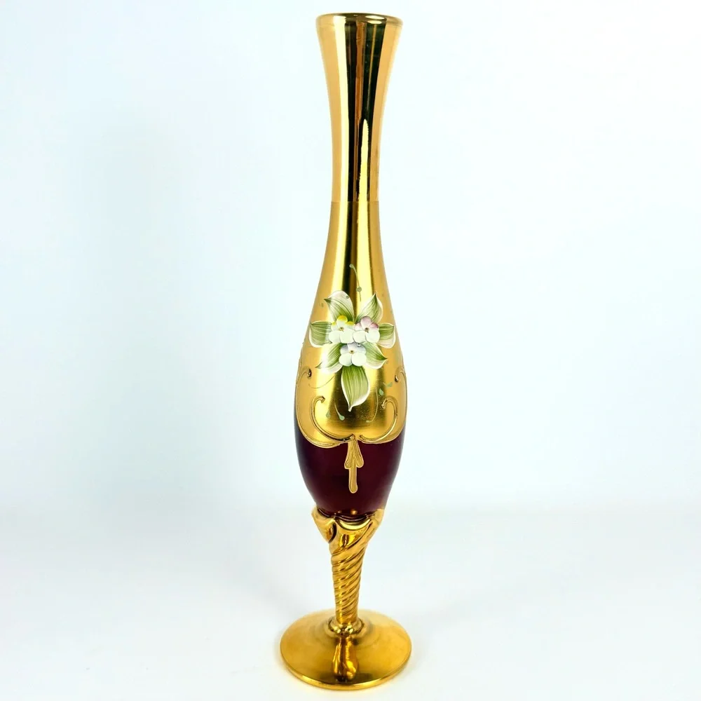 VTG Murano Venetian Ruby Glass & 24K Gold Paint 11โ Hand Painted Floral Bud Vase - Picture 1 of 16